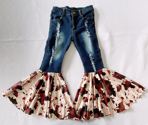 Fashion Kid's Cowhide Bell Bottoms Toddler Baby Distressed Jeans Girls <b>Patchwork</b> Cowhide Jeans Bells with Elastic Waist - Product Image 2