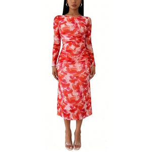Vestido midi de malla transparente con estampado floral rojo para mujer, vestido de fiesta ajustado de manga larga con cintura fruncida a la moda - Product Image 1