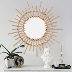 Miroir mural décoratif en rotin au design simple personnalisé, noir et or, style vintage nordique Art Déco, pour un usage quotidien, pour les hôtels - Product Image 1