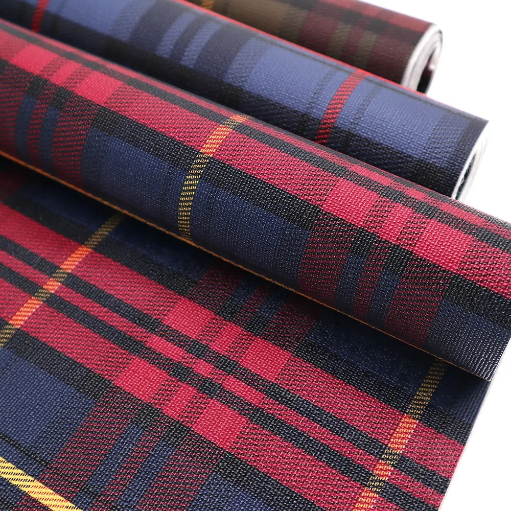 Wholesale Roll Scottish Plaid Check Print Vinyl Synthetic Faux Leather Fabric for bags wallet Crafts Making