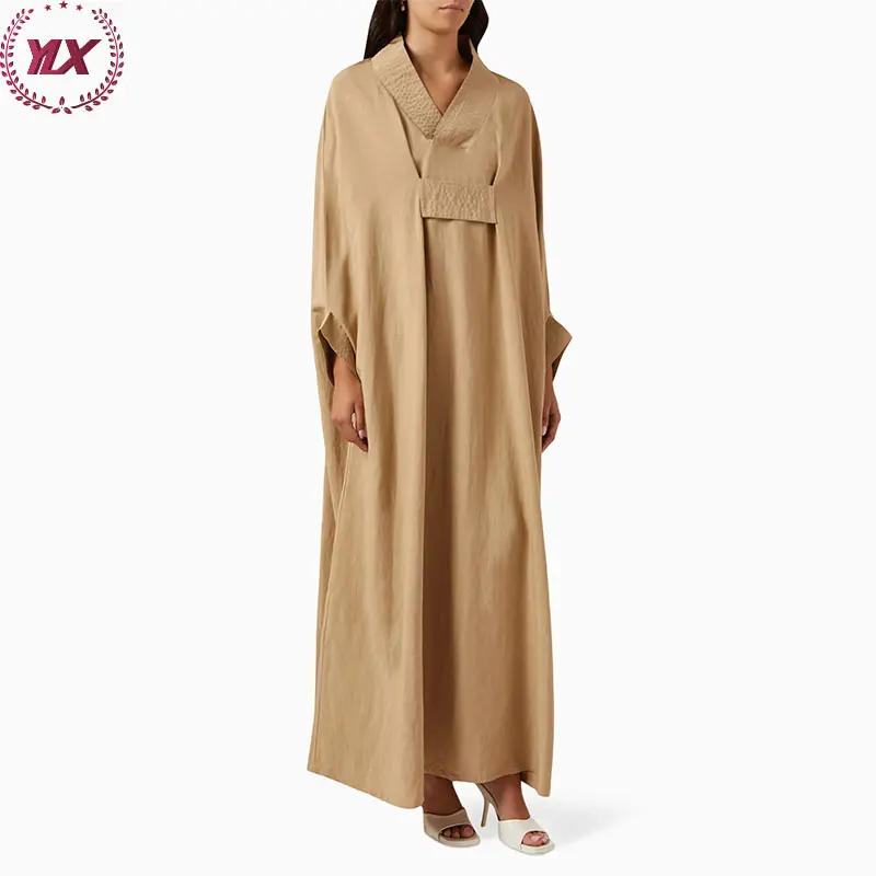 Ramadan Latest Oversized Kaftan in Linen Blend V Neckline Beige Long sleeves Kaftan Abaya Islamic Clothing