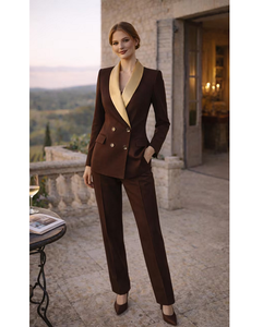 Traje de esmoquin marrón chocolate de lujo para mujer, blazer de corte ajustado a medida con solapa de satén dorado y pantalones rectos a juego - Product Image 1