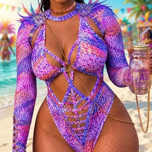 Traje de Baño Monokini de Talla Grande para Carnaval, Manga Larga, con Recortes, Plumas y Cristales, Estampado Personalizado, Venta al por Mayor, para el Desfile del Caribe, Ropa para el Lunes - Product Image 1