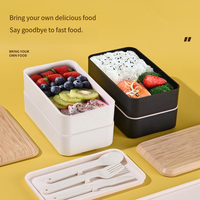 Ensemble de boîte à lunch tropicale isolée au micro-ondes de grande capacité à double couche de style japonais comprenant un bento en plastique de conservation de la fraîcheur en bois
