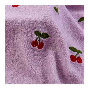 Wholesale Plush Small Teddy Curly Fur Velvet Sofa Fabric Cherry Embroidery
