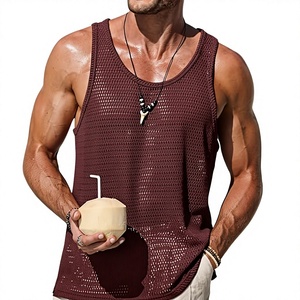 Men's <b>Maroon</b> Knitted Sleeveless Tank <b>Top</b> O-Neck Hollow Out Breathable Casual Vest 100% Polyester - Product Image 1