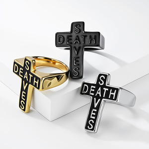 Anello Gotico in Acciaio Inox con Croce '<span class=keywords><strong>DEATH</strong></span> SAVES' Placcato Oro 18K, Impermeabile, Anello Religioso Punk Retrò Rock da Uomo - Product Image 1