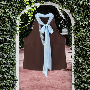 เสื้อครอปผู้หญิงแฟชั่นใหม่ประจำฤดูใบไม้ร่วงปี 2025 แบบรักษ์โลก ระบายอากาศได้ดี ตกแต่งด้วยลูกไม้ คอวีผูกหลัง สไตล์วินเทจ แขนกุด ลำลอง - Product Image 3