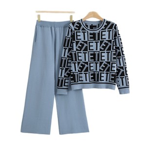 Ensemble pull tricoté pour femme avec haut à manches longues imprimé lettres et pantalon large – Tenue décontractée automne-hiver - Product Image 5