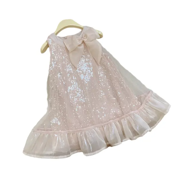 Personalizza il vestito estivo senza maniche per bambini 2023 nuovi abiti da principessa con paillettes rosa da ragazza