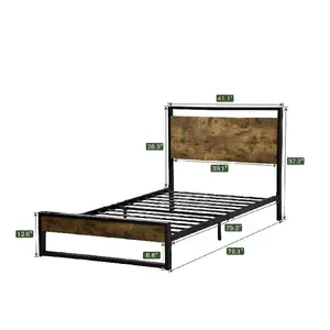 便宜的乡村风格双人平台床架，带木质床头板和金属板条