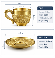 Ensemble de tasses et soucoupes à thé en laiton massif de luxe, design floral gravé vintage doré, pour la maison, l'hôtel, le thé de l'après-midi, cadeaux