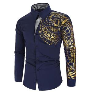 Chemises slim grande taille en coton à manches longues pour hommes, robe de soirée imprimée dorée, chemises à motifs de luxe personnalisés - Product Image 2