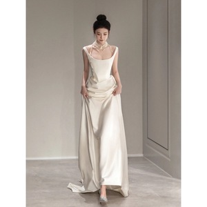 Satin Wedding Dress Milky White Square Collar Natural Waist Zipper Back Bridal Gown For Daily Wear X057 - Product Image 3