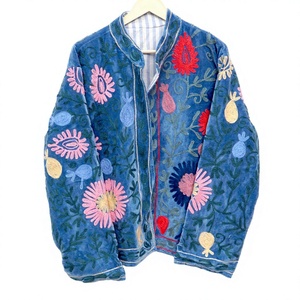 Manteau en velours bleu brodé de fleurs en coton, col mandarin, manches longues, style bohème, vêtement d'extérieur d'hiver, écologique, ouvert sur le devant - Product Image 1