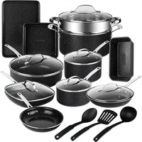 Ensemble complet de casseroles et poêles de 20 pièces, sans PFOA/PFOS, compatible four et lave-vaisselle, couvercles en verre, style américain, compatible gaz et induction.