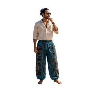 Pantalon cargo bohème pour femme en toile avec broderie à la main, patchwork, taille élastique, coupe régulière, longueur mollet, style streetwear d'été - Product Image 1