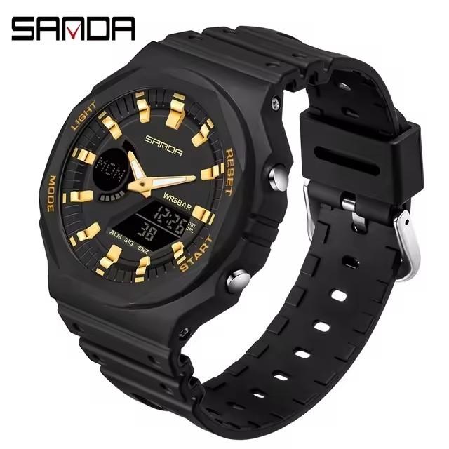 Sanda 6016 New Casual Couple Watches Chronograph Luminous LED Dual Display Women and Man Watch Waterproof Clock Relogio Relojes