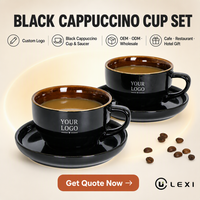 Ensemble tasse et soucoupe à café en céramique noire, pour cappuccino, à large ouverture, avec bord intérieur bronze, logo personnalisé, vente en gros, café, hôtel, OEM, ODM, en vrac