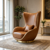 Fauteuil d'appoint pivotant marron à dossier haut avec base en métal doré, fauteuil de salon rembourré résistant à l'usure pour villa, hôtel, hall d'entrée