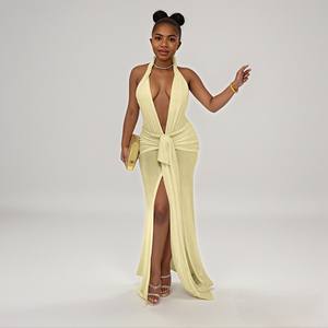 Nuovo Vestito da <span class=keywords><strong>Donna</strong></span> Sexy <span class=keywords><strong>Elegante</strong></span> a Tinta Unita, Scollo a V Profondo, Senza Maniche, Schiena Scoperta con Allacciatura al Collo e Spacco - Product Image 1