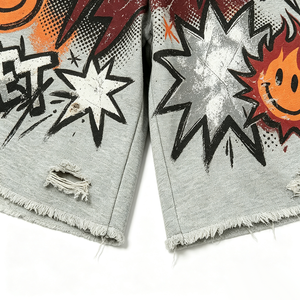 Shorts en molleton streetwear amples et courts, imprimé DTG Kornit intégral, motif graffiti <span class=keywords><strong>smiley</strong></span> flamme, ourlet déchiré et effiloché, taille élastique - Product Image 2