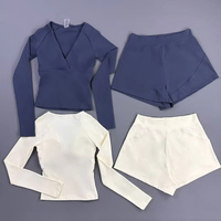 Ensemble de sport 2 pièces pour femme : haut à manches longues col en V et short – Tenue de yoga, fitness, course et cyclisme ajustée