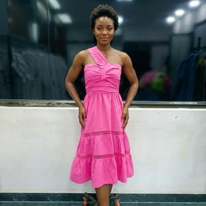 Women One Shoulder Pink Casual Asymmetric Ruffles Solid Color <b>Stretch</b> Woven Lace 100% Cotton One-piece Skirt Style <b>Dress</b> - Product Image 1