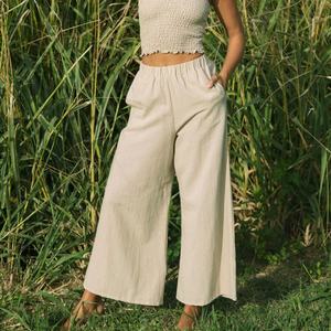 Pantalones de Mujer Hechos a Medida, Pantalones Anchos de Color Arena de Lujo, Cintura Elástica, Pantalones de Lino de Alta Calidad - Product Image 1