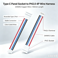 Conector de Panel USB-C Blanco LN-015, Tipo-C Hembra Reversible con Cable Preconectado PH2.0 de 4 Pines, 15CM, 24AWG
