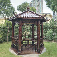 Kit de pavillon hexagonal en bois avec bancs intégrés, gazebo hexagonal en bois massif avec toit en pagode à double niveau