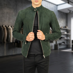 Chaqueta de Motociclista de Gamuza Verde para Hombre, Cuello Alto, Cierre de Cremallera, Corte Ajustado, para Otoño - Product Image 4