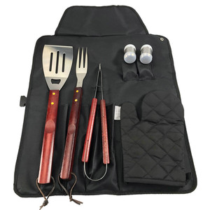 6-7 piece <b>BBQ</b> <b>apron</b> set with wooden handles, tube handles, stainless steel knives, forks, spatulas, skewers, and Oxford cloth - Product Image 1