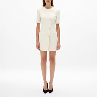 Robe mini élégante pour femme, blazer asymétrique à col rond et manches courtes, boutons sur le devant, poches plaquées, couleur crème, vente en gros sur mesure