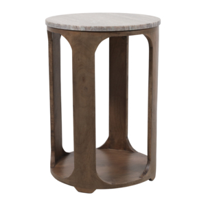 Tavolino Rotondo Moderno in Legno di Mango con Piano in Marmo, Tavolino d'Appoggio Decorativo per Piccoli Spazi, Comodino - Product Image 1