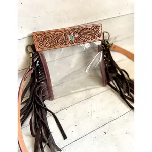 Tooled Intricate Clear Wristlet Concert PVC Bag Western Clear Stadium Fringe Purse Clear Leather Tooled Fringe Crossbody Bag