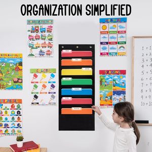 7 Pocket File Pocket Chart Black <b>Tall</b> Wall Hanging Organizer For Office Classroom <b>Storage</b> Polyester 33x15x85cm - Product Image 5