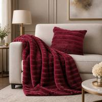 Plaid de luxe rayé en fausse fourrure de lapin double couche, super doux, en polaire, chaud, rouge bordeaux, fourrure sculptée pour lit et canapé