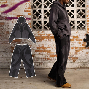 Conjunto de Sudadera con Capucha y Pantalones KingSen de Invierno, 100% Algodón Transpirable, Lavado Ácido, con Cremallera, Estilo Patchwork, para Hombre, Ropa Urbana - Product Image 1