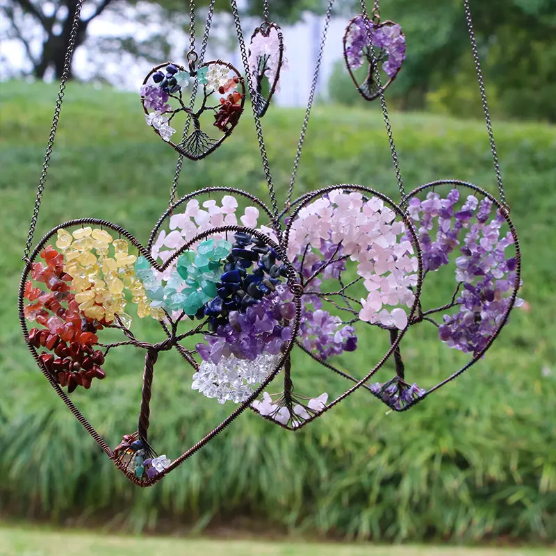Heart Tree Of Life Natural Stone Crystal Hanging Window Garden Decoration Copper Wire Wrap Gravel Heart Pendant Home Ornament