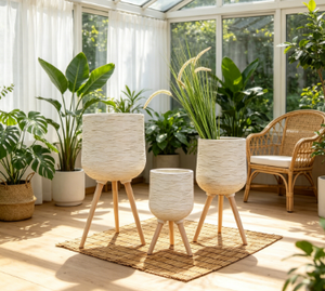 Modern Brushed Texture Waisted Standing Planter, Weather Resistant Decorative Cement Plant <b>Pot</b> for Home Hotel Lobby Commercial - Product Image 4
