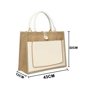 Sac de plage en jute écologique avec logo personnalisé, poignée en coton, sac à bandoulière imperméable, sac de courses réutilisable avec bouton - Product Image 2