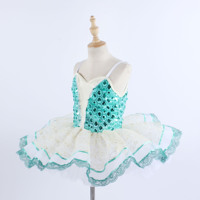 Robe de ballet à paillettes bleu vert petite fille vêtements de danse lyrique or dentelle scène Performance Costume de danse