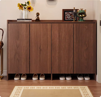 Meuble à chaussures en bois grande capacité à 4 portes, grain de noyer profond, sans poignées, design moderne du milieu du siècle, idéal pour le salon