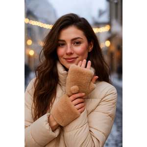 Guantes de Felpa Jacquard Beige para Mujer, Diseño Recortado, Impermeables, Mitones de Invierno Acrílicos ELD33 - Product Image 5