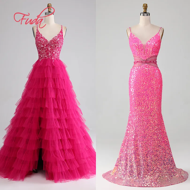 FUDA C318 robe de soirée longue fête formelle pour les femmes mariage personnalisé luxe invité de mariage rose robe à paillettes