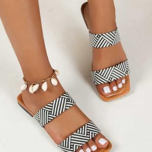 Sandales plates tissées à carreaux pour femmes, légères et confortables, antidérapantes, respirantes, chaussures décontractées - Product Image 3