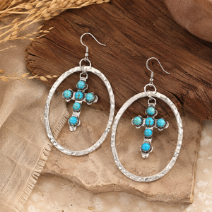 Orecchini Pendenti Vintage con Croce in Turchese, Ornamenti per Orecchie in Argento Anticato dal Design Audace - Product Image 3