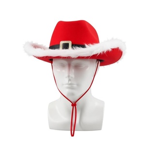 Chapeau de cowboy du Père Noël en feutre rouge avec bordure en fourrure blanche pour costume de fête de Noël - Product Image 1