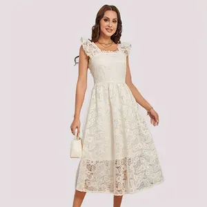 TICOSA Square Collar Sleeveless Wooden Ear Side Flying Sleeve Lace Mid-length Dress Temperament White Wedding Bridal Dress